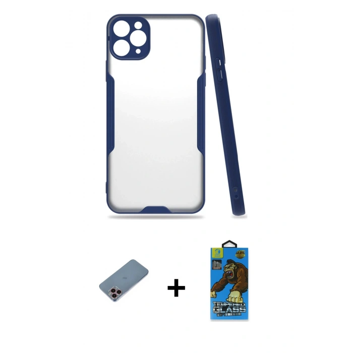 MARSİLYAN™- iPhone 11 Pro Max Kılıf Atlas Asil Serisi - Siyah 18D Cam Ekran Koruyucu + Shine Kamera Lens Koruma Cam - PE