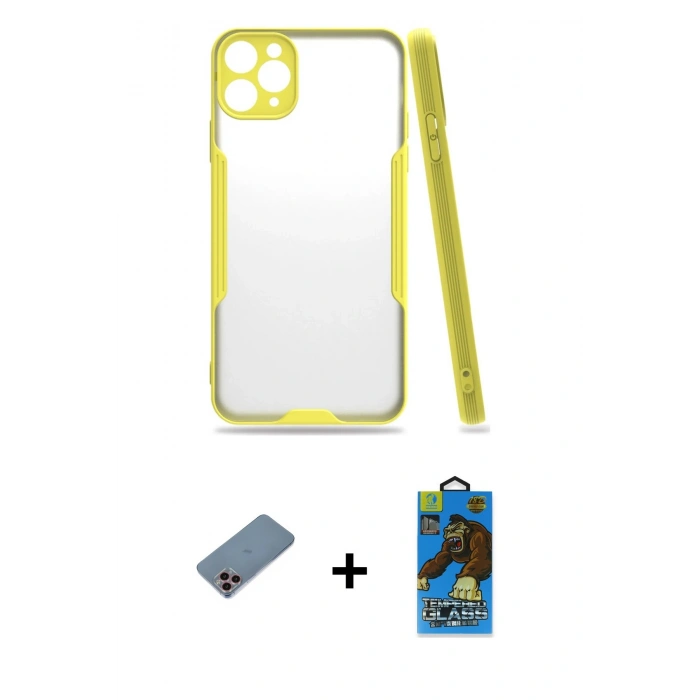 MARSİLYAN™- iPhone 11 Pro Max Kılıf Atlas Asil Serisi - Siyah 18D Cam Ekran Koruyucu + Shine Kamera Lens Koruma Cam - PE