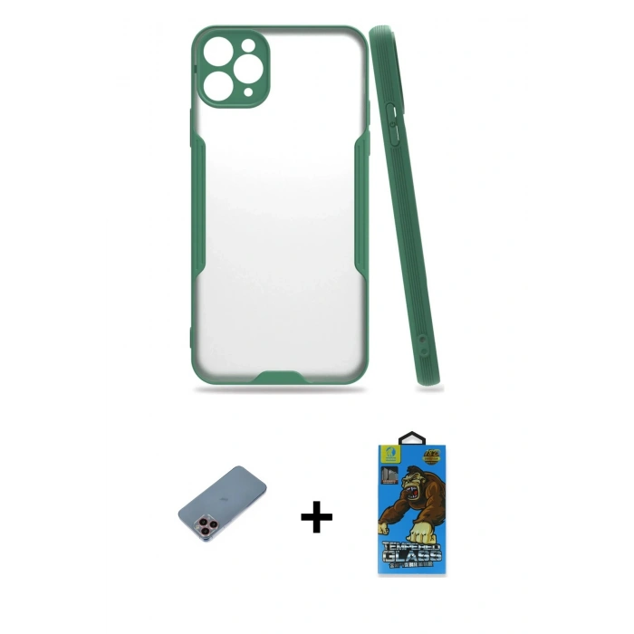 MARSİLYAN™- iPhone 11 Pro Max Kılıf Atlas Asil Serisi - Siyah 18D Cam Ekran Koruyucu + Shine Kamera Lens Koruma Cam - PE