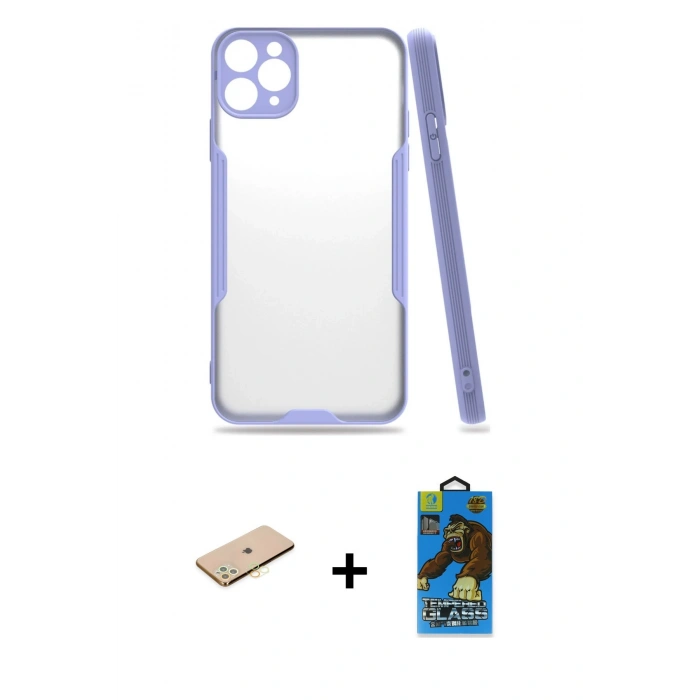 MARSİLYAN™- iPhone 11 Pro Max Kılıf Atlas Asil Serisi - Siyah 18D Cam Ekran Koruyucu + Renkli Kamera Lens Koruma Cam - SI