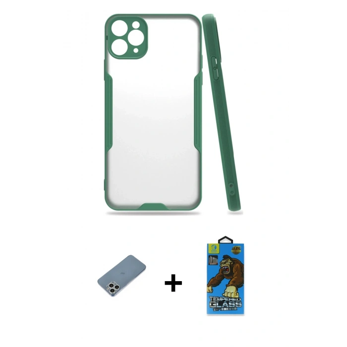 MARSİLYAN™- iPhone 11 Pro Max Kılıf Atlas Asil Serisi - Siyah 18D Cam Ekran Koruyucu + Shine Kamera Lens Koruma Cam - GS