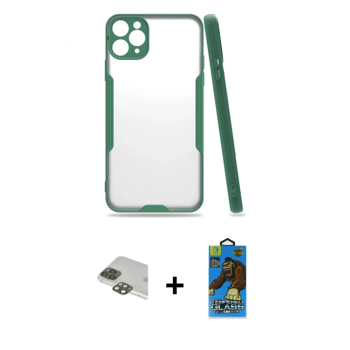MARSİLYAN™- iPhone 11 Pro Max Kılıf Atlas Asil Serisi - Siyah 18D Cam Ekran Koruyucu + Pers Alüminyum Kamera Lens - YL