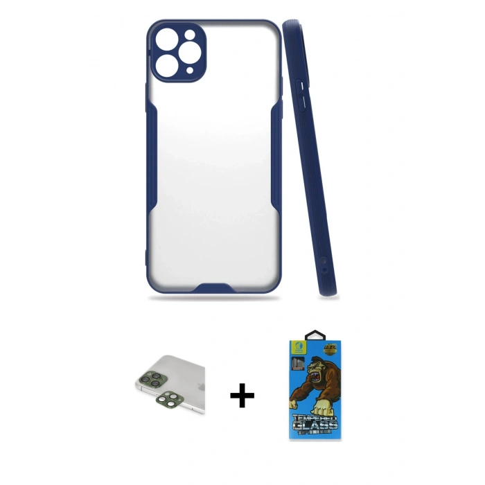 MARSİLYAN™- iPhone 11 Pro Max Kılıf Atlas Asil Serisi - Siyah 18D Cam Ekran Koruyucu + Pers Alüminyum Kamera Lens - YL