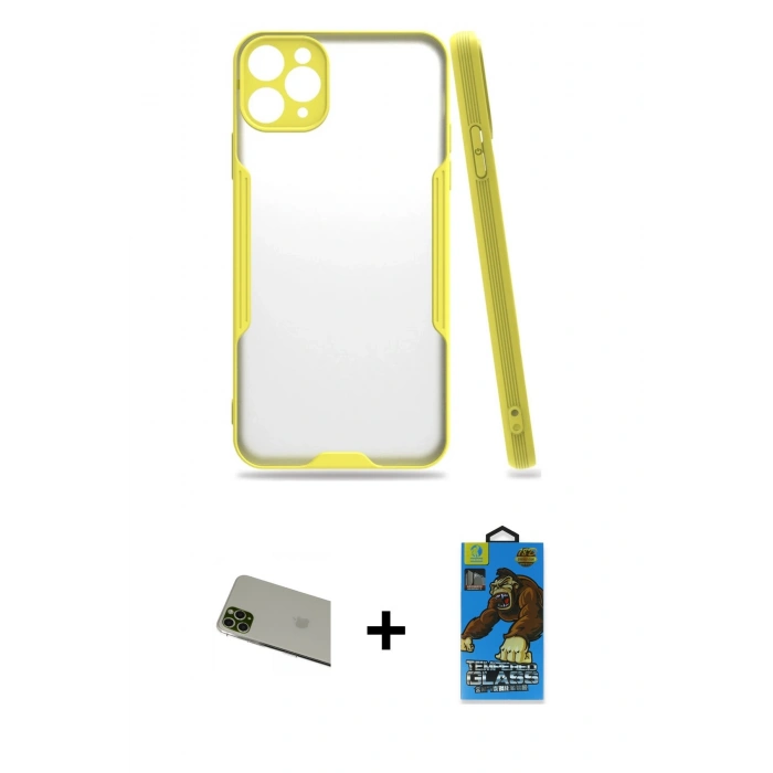 MARSİLYAN™- iPhone 11 Pro Max Kılıf Atlas Asil Serisi - Siyah 18D Cam Ekran Koruyucu + Rainbow Kamera Lens Koruma Cam - YL