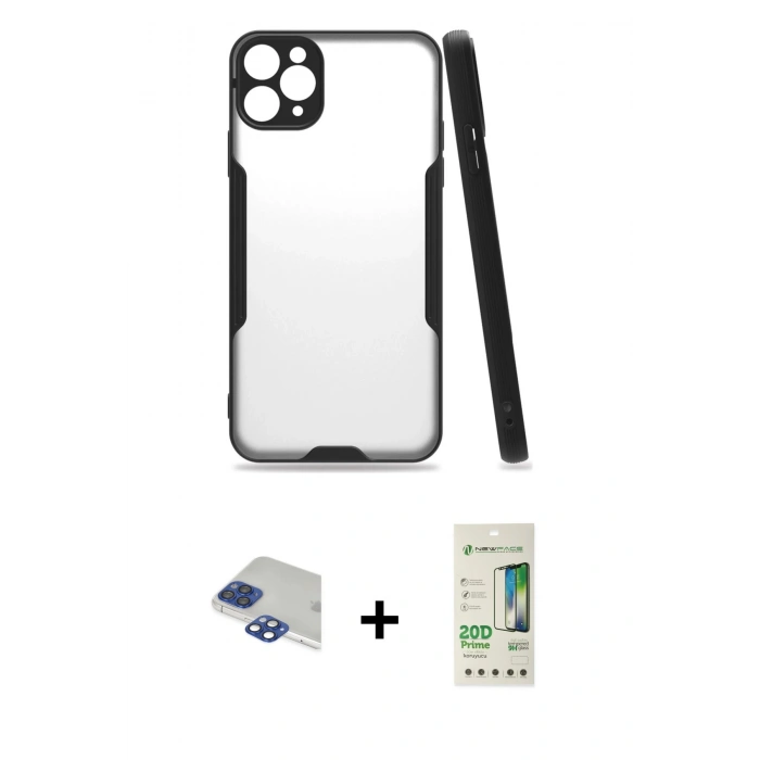 MARSİLYAN™- iPhone 11 Pro Max Kılıf Atlas Asil Serisi - Siyah 20D Premium Cam Ekran Koruyucu + Pers Alüminyum Kamera Lens - LT