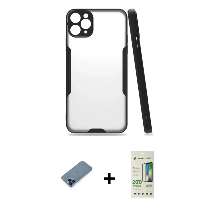 MARSİLYAN™- iPhone 11 Pro Max Kılıf Atlas Asil Serisi - Siyah 20D Premium Cam Ekran Koruyucu + Metal Kamera Lens Koruma Cam - MI