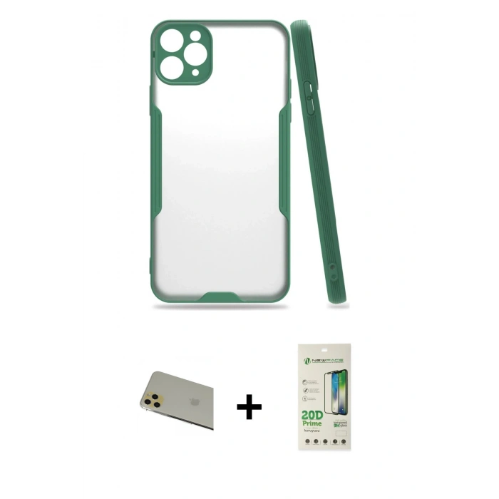 MARSİLYAN™- iPhone 11 Pro Max Kılıf Atlas Asil Serisi - Siyah 20D Premium Cam Ekran Koruyucu + Rainbow Kamera Lens Koruma Cam - GD
