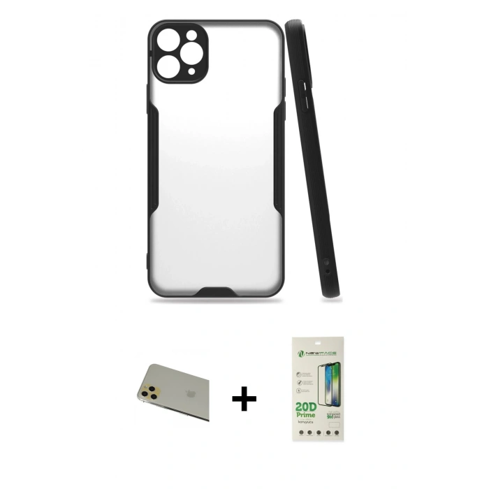 MARSİLYAN™- iPhone 11 Pro Max Kılıf Atlas Asil Serisi - Siyah 20D Premium Cam Ekran Koruyucu + Rainbow Kamera Lens Koruma Cam - GD