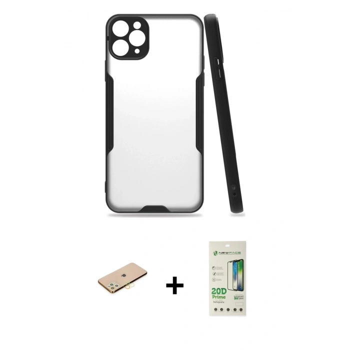 MARSİLYAN™- iPhone 11 Pro Max Kılıf Atlas Asil Serisi - Siyah 20D Premium Cam Ekran Koruyucu + Renkli Kamera Lens Koruma Cam - SI