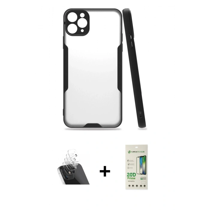 MARSİLYAN™- iPhone 11 Pro Max Kılıf Atlas Asil Serisi - Siyah 20D Premium Cam Ekran Koruyucu + Şeffaf Kamera Lens Koruma Cam