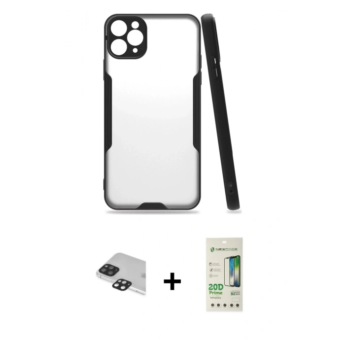 MARSİLYAN™- iPhone 11 Pro Max Kılıf Atlas Asil Serisi - Siyah 20D Premium Cam Ekran Koruyucu + Pers Alüminyum Kamera Lens - SH