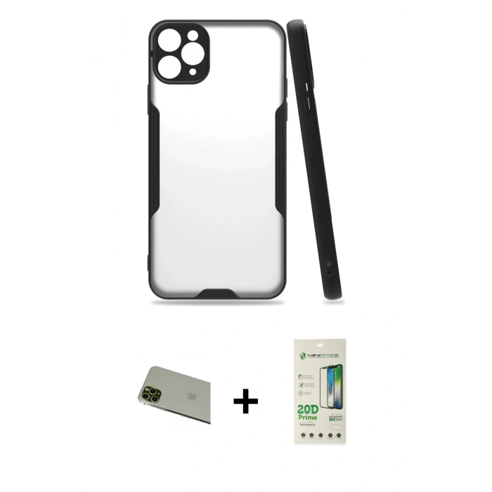 MARSİLYAN™- iPhone 11 Pro Max Kılıf Atlas Asil Serisi - Siyah 20D Premium Cam Ekran Koruyucu + Yeşil Rainbow Kamera Lens Koruma Cam