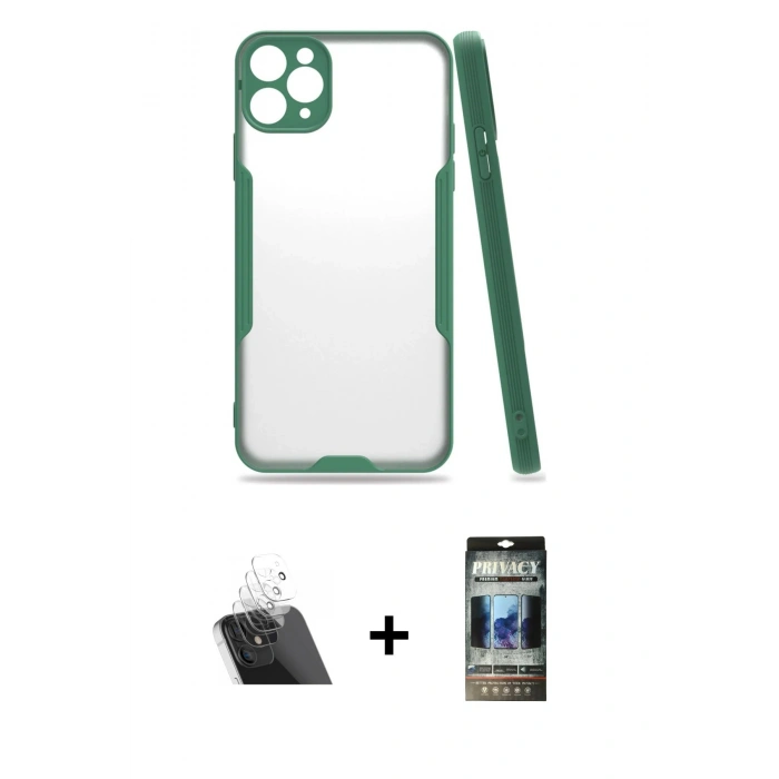 MARSİLYAN™- iPhone 11 Pro Max Kılıf Atlas Asil Serisi - Siyah 34D Hayalet Izgaralı Cam + Kamera Lens Koruma Cam - SF