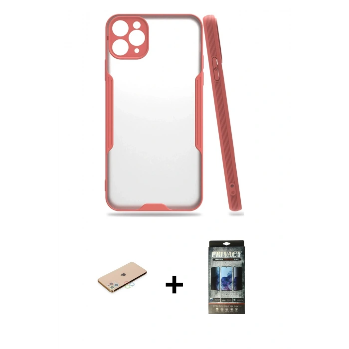 MARSİLYAN™- iPhone 11 Pro Max Kılıf Atlas Asil Serisi - Siyah 34D Hayalet Izgaralı Cam + Renkli Kamera Lens Koruma Cam - MI