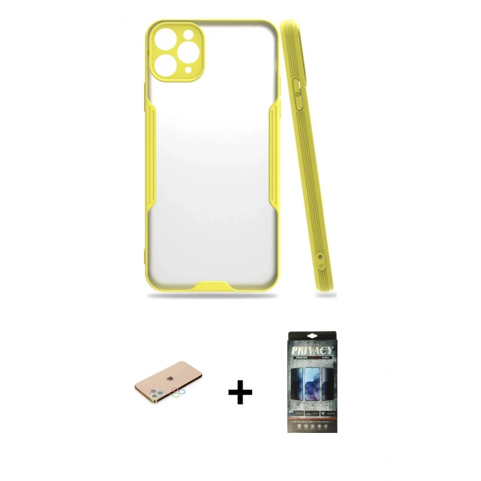 MARSİLYAN™- iPhone 11 Pro Max Kılıf Atlas Asil Serisi - Siyah 34D Hayalet Izgaralı Cam + Renkli Kamera Lens Koruma Cam - MI