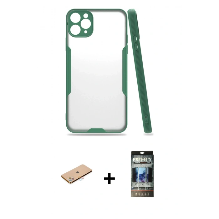 MARSİLYAN™- iPhone 11 Pro Max Kılıf Atlas Asil Serisi - Siyah 34D Hayalet Izgaralı Cam + Renkli Kamera Lens Koruma Cam - PE