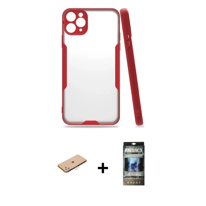 MARSİLYAN™- iPhone 11 Pro Max Kılıf Atlas Asil Serisi - Siyah 34D Hayalet Izgaralı Cam + Renkli Kamera Lens Koruma Cam - PE