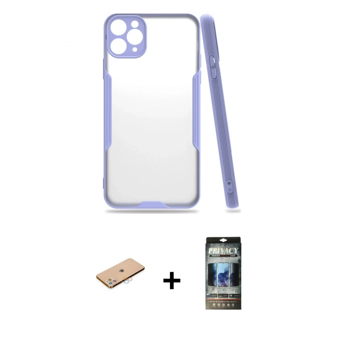 MARSİLYAN™- iPhone 11 Pro Max Kılıf Atlas Asil Serisi - Siyah 34D Hayalet Izgaralı Cam + Renkli Kamera Lens Koruma Cam - PE
