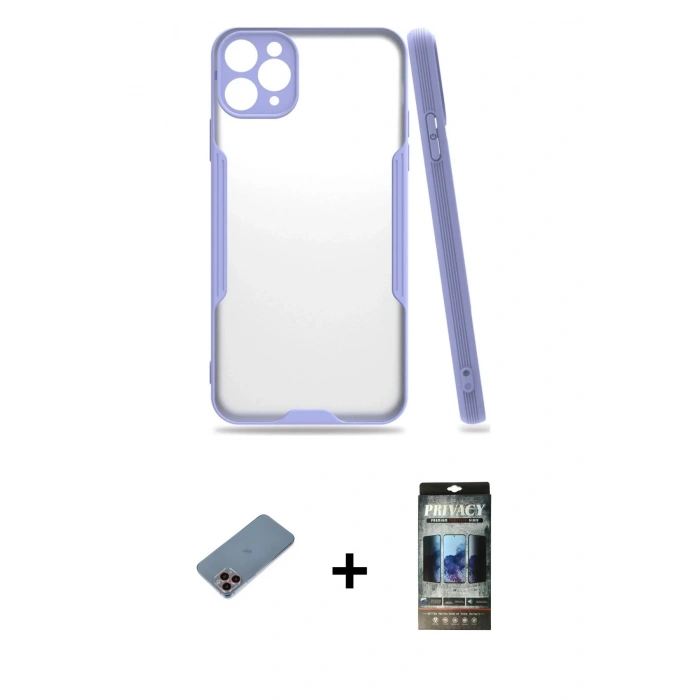 MARSİLYAN™- iPhone 11 Pro Max Kılıf Atlas Asil Serisi - Siyah 34D Hayalet Izgaralı Cam + Shine Kamera Lens Koruma Cam - PE