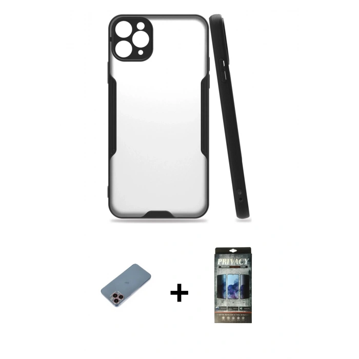 MARSİLYAN™- iPhone 11 Pro Max Kılıf Atlas Asil Serisi - Siyah 34D Hayalet Izgaralı Cam + Shine Kamera Lens Koruma Cam - PE