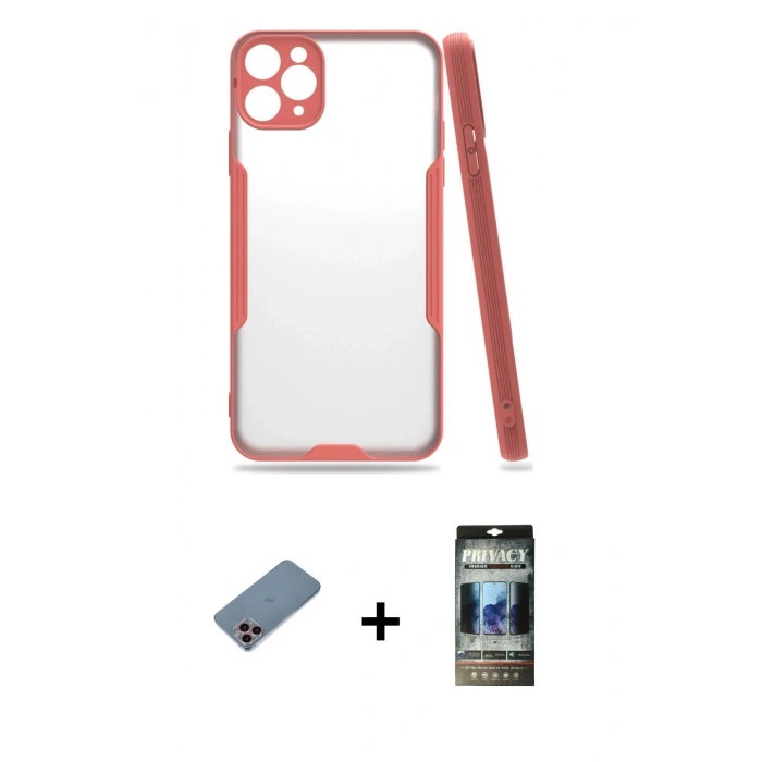 MARSİLYAN™- iPhone 11 Pro Max Kılıf Atlas Asil Serisi - Siyah 34D Hayalet Izgaralı Cam + Shine Kamera Lens Koruma Cam - PE