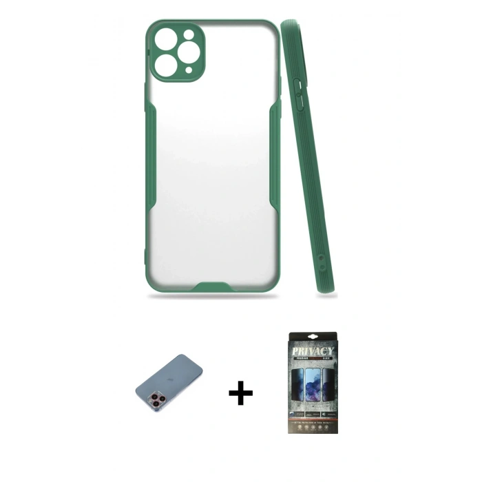 MARSİLYAN™- iPhone 11 Pro Max Kılıf Atlas Asil Serisi - Siyah 34D Hayalet Izgaralı Cam + Shine Kamera Lens Koruma Cam - PE