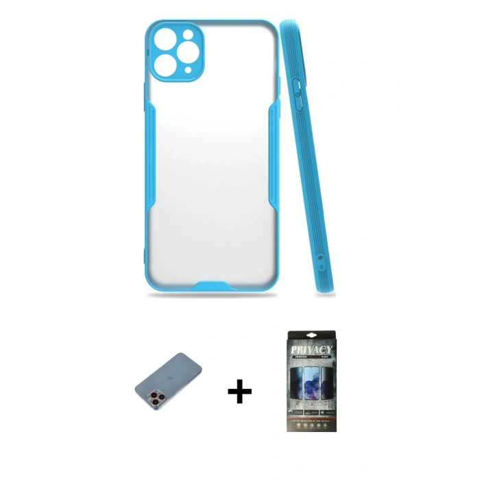 MARSİLYAN™- iPhone 11 Pro Max Kılıf Atlas Asil Serisi - Siyah 34D Hayalet Izgaralı Cam + Shine Kamera Lens Koruma Cam - PE