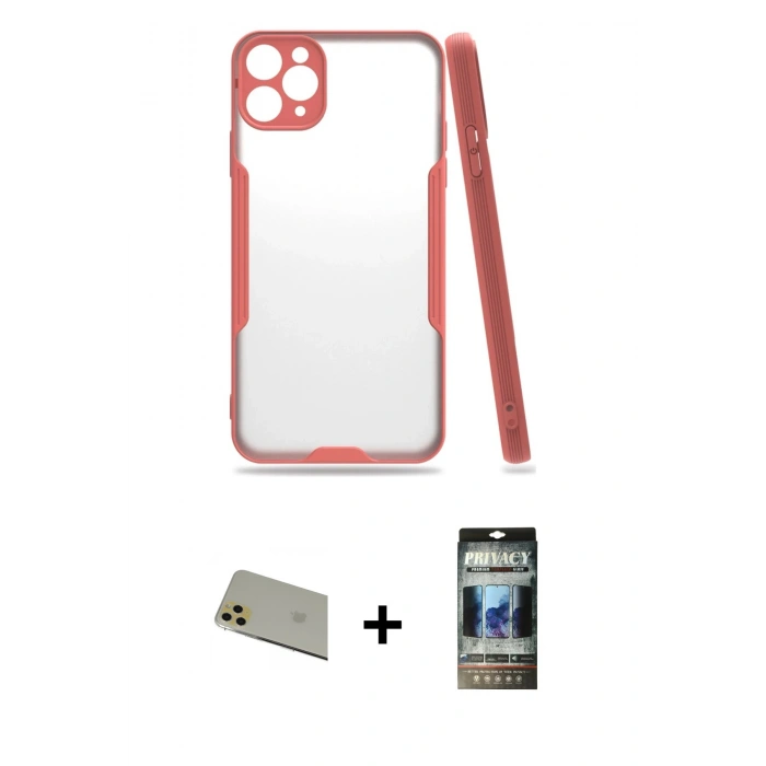 MARSİLYAN™- iPhone 11 Pro Max Kılıf Atlas Asil Serisi - Siyah 34D Hayalet Izgaralı Cam + Rainbow Kamera Lens Koruma Cam - GD