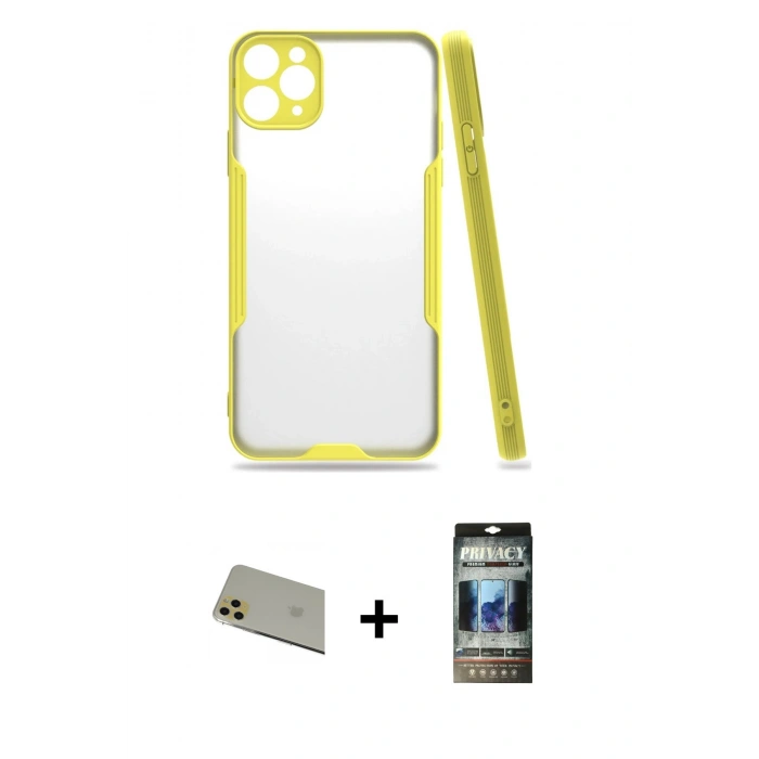 MARSİLYAN™- iPhone 11 Pro Max Kılıf Atlas Asil Serisi - Siyah 34D Hayalet Izgaralı Cam + Rainbow Kamera Lens Koruma Cam - GD