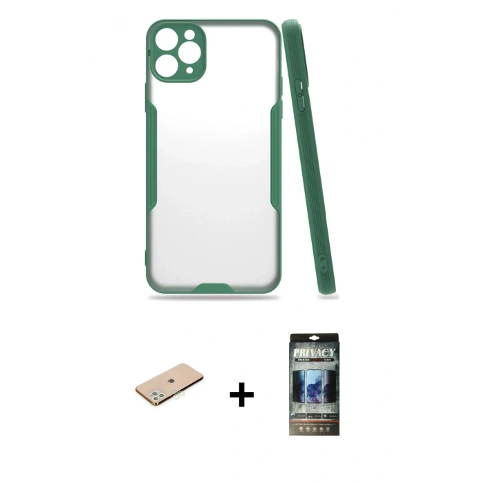 MARSİLYAN™- iPhone 11 Pro Max Kılıf Atlas Asil Serisi - Siyah 34D Hayalet Izgaralı Cam + Renkli Kamera Lens Koruma Cam - YL