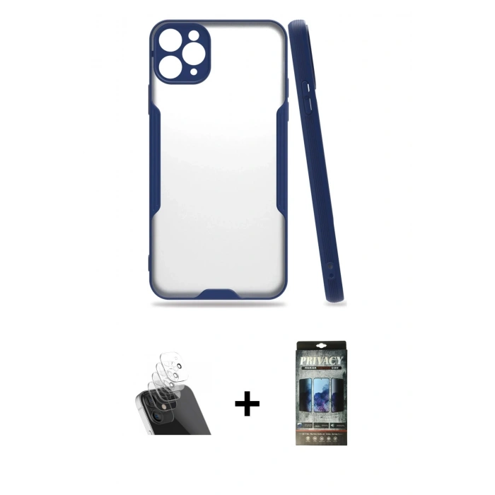 MARSİLYAN™- iPhone 11 Pro Max Kılıf Atlas Asil Serisi - Siyah 34D Hayalet Izgaralı Cam + Kamera Lens Koruma Cam - SF