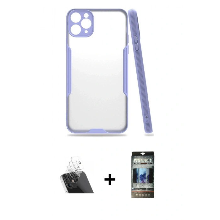 MARSİLYAN™- iPhone 11 Pro Max Kılıf Atlas Asil Serisi - Siyah 34D Hayalet Izgaralı Cam + Kamera Lens Koruma Cam - SF