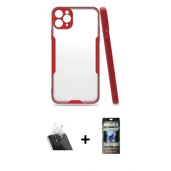 MARSİLYAN™- iPhone 11 Pro Max Kılıf Atlas Asil Serisi - Siyah 34D Hayalet Izgaralı Cam + Kamera Lens Koruma Cam - SF