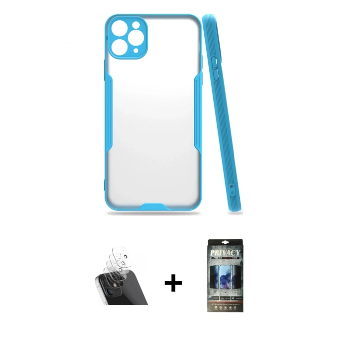 MARSİLYAN™- iPhone 11 Pro Max Kılıf Atlas Asil Serisi - Siyah 34D Hayalet Izgaralı Cam + Kamera Lens Koruma Cam - SF