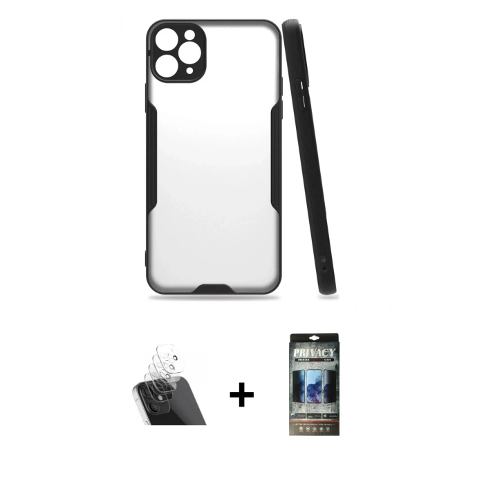 MARSİLYAN™- iPhone 11 Pro Max Kılıf Atlas Asil Serisi - Siyah 34D Hayalet Izgaralı Cam + Kamera Lens Koruma Cam - SF