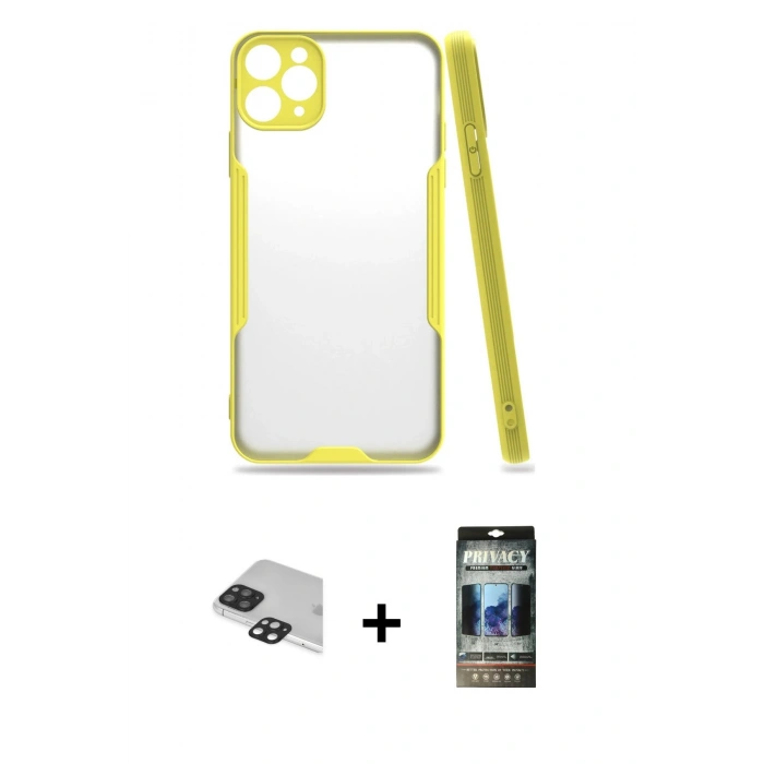 MARSİLYAN™- iPhone 11 Pro Max Kılıf Atlas Asil Serisi - Siyah 34D Hayalet Izgaralı Cam + Pers Alüminyum Kamera Lens - SH