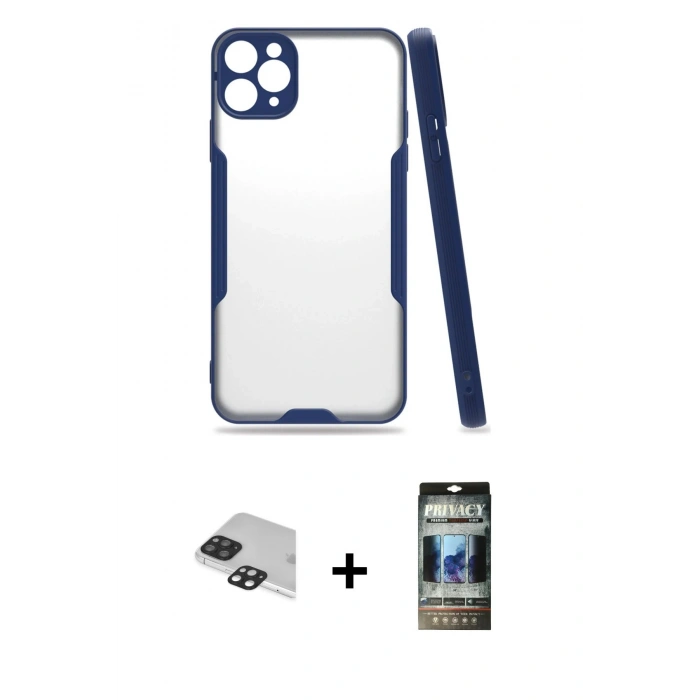 MARSİLYAN™- iPhone 11 Pro Max Kılıf Atlas Asil Serisi - Siyah 34D Hayalet Izgaralı Cam + Pers Alüminyum Kamera Lens - SH