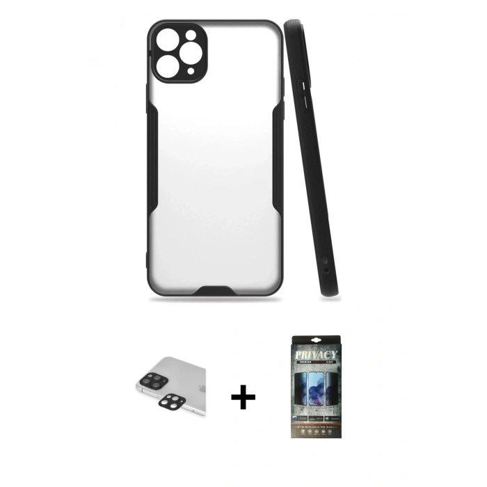 MARSİLYAN™- iPhone 11 Pro Max Kılıf Atlas Asil Serisi - Siyah 34D Hayalet Izgaralı Cam + Pers Alüminyum Kamera Lens - SH