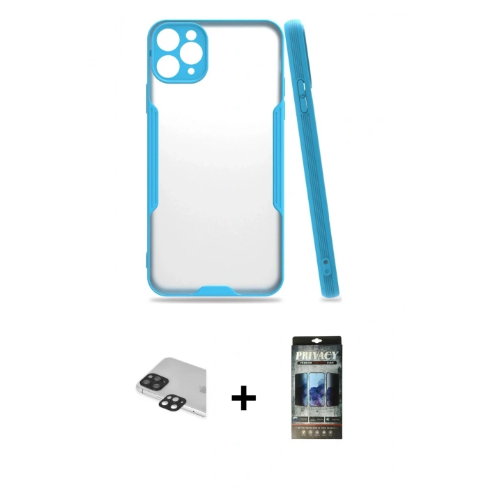 MARSİLYAN™- iPhone 11 Pro Max Kılıf Atlas Asil Serisi - Siyah 34D Hayalet Izgaralı Cam + Pers Alüminyum Kamera Lens - SH