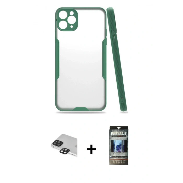 MARSİLYAN™- iPhone 11 Pro Max Kılıf Atlas Asil Serisi - Siyah 34D Hayalet Izgaralı Cam + Pers Alüminyum Kamera Lens - SH