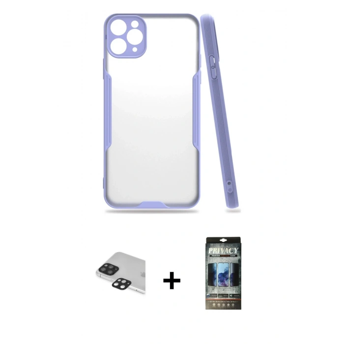 MARSİLYAN™- iPhone 11 Pro Max Kılıf Atlas Asil Serisi - Siyah 34D Hayalet Izgaralı Cam + Pers Alüminyum Kamera Lens - SH