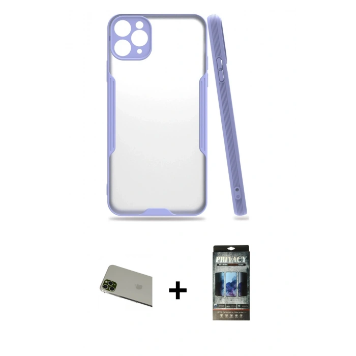 MARSİLYAN™- iPhone 11 Pro Max Kılıf Atlas Asil Serisi - Siyah 34D Hayalet Izgaralı Cam + Rainbow Kamera Lens Koruma Cam - YL