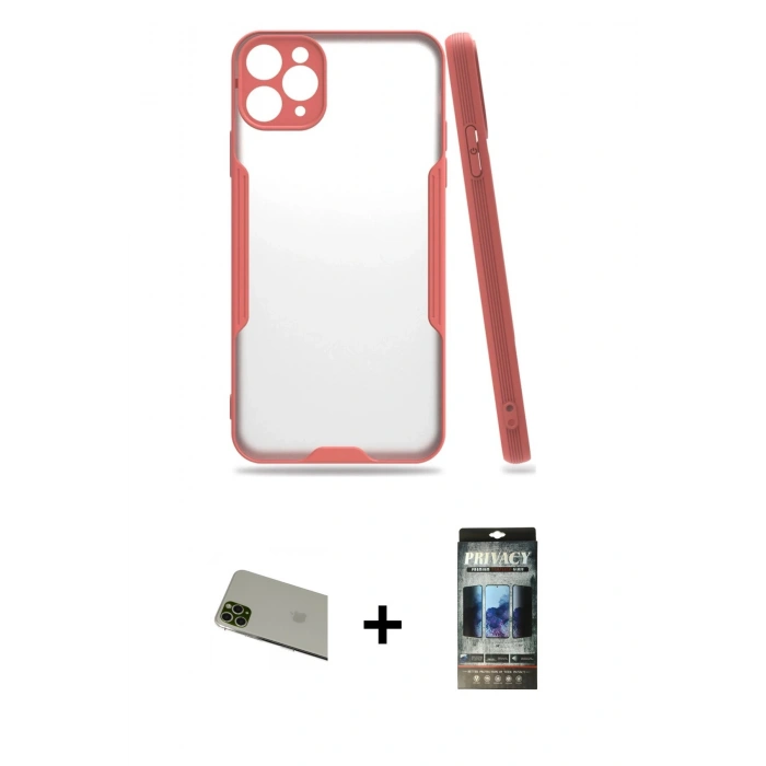 MARSİLYAN™- iPhone 11 Pro Max Kılıf Atlas Asil Serisi - Siyah 34D Hayalet Izgaralı Cam + Rainbow Kamera Lens Koruma Cam - YL
