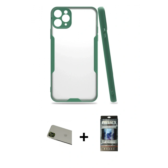 MARSİLYAN™- iPhone 11 Pro Max Kılıf Atlas Asil Serisi - Siyah 34D Hayalet Izgaralı Cam + Rainbow Kamera Lens Koruma Cam - YL