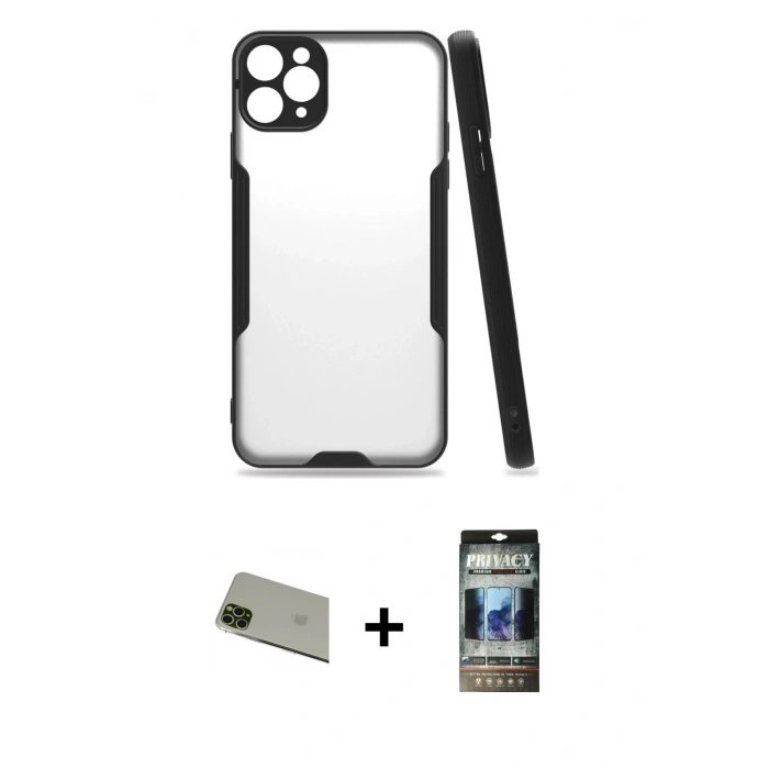 MARSİLYAN™- iPhone 11 Pro Max Kılıf Atlas Asil Serisi - Siyah 34D Hayalet Izgaralı Cam + Rainbow Kamera Lens Koruma Cam - YL