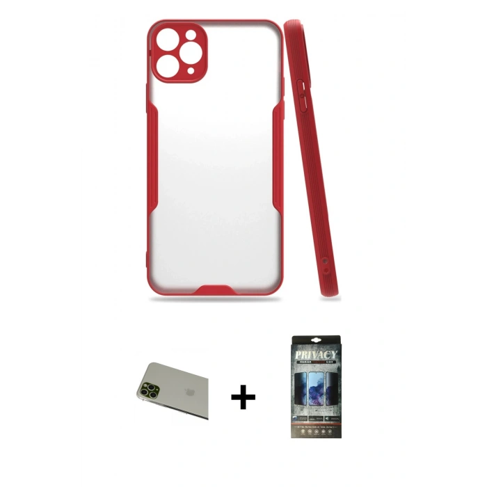MARSİLYAN™- iPhone 11 Pro Max Kılıf Atlas Asil Serisi - Siyah 34D Hayalet Izgaralı Cam + Rainbow Kamera Lens Koruma Cam - YL