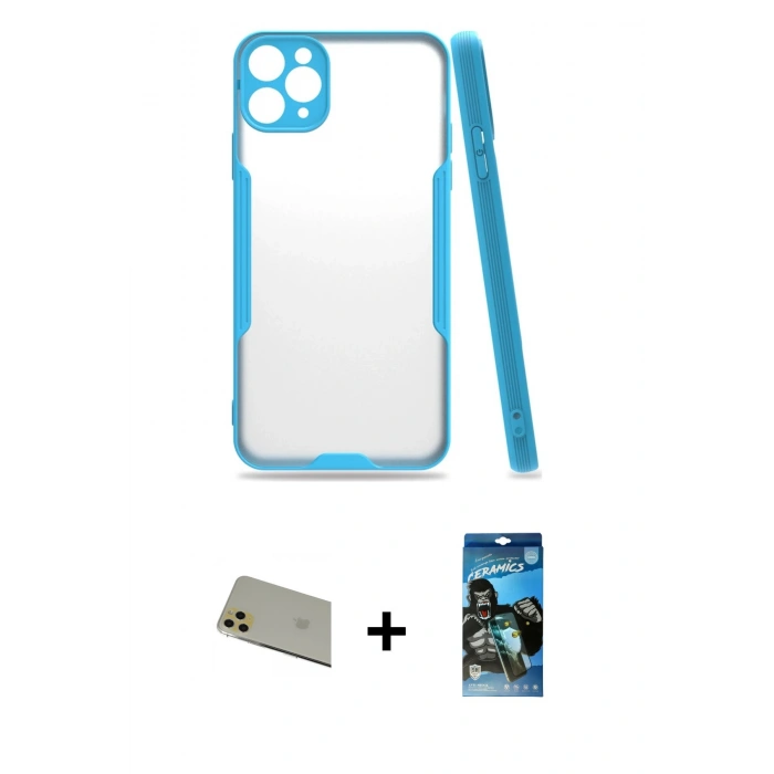 MARSİLYAN™- iPhone 11 Pro Max Kılıf Atlas Asil Serisi - Siyah 34D Izgaralı Cam + Rainbow Kamera Lens Koruma Cam - GD