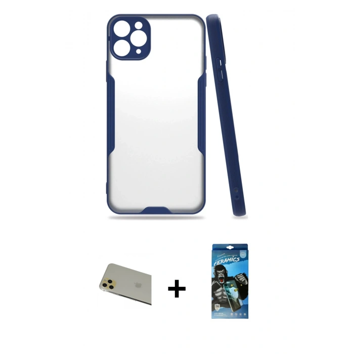 MARSİLYAN™- iPhone 11 Pro Max Kılıf Atlas Asil Serisi - Siyah 34D Izgaralı Cam + Rainbow Kamera Lens Koruma Cam - GD