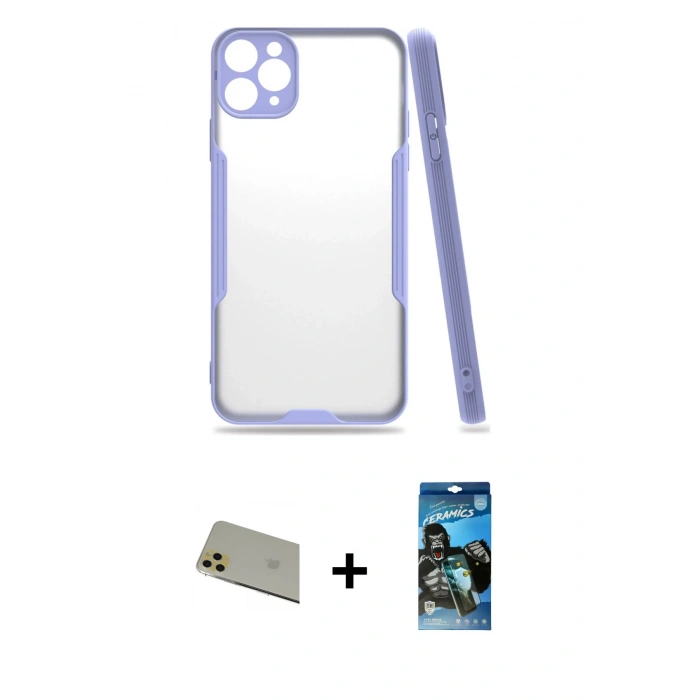 MARSİLYAN™- iPhone 11 Pro Max Kılıf Atlas Asil Serisi - Siyah 34D Izgaralı Cam + Rainbow Kamera Lens Koruma Cam - GD