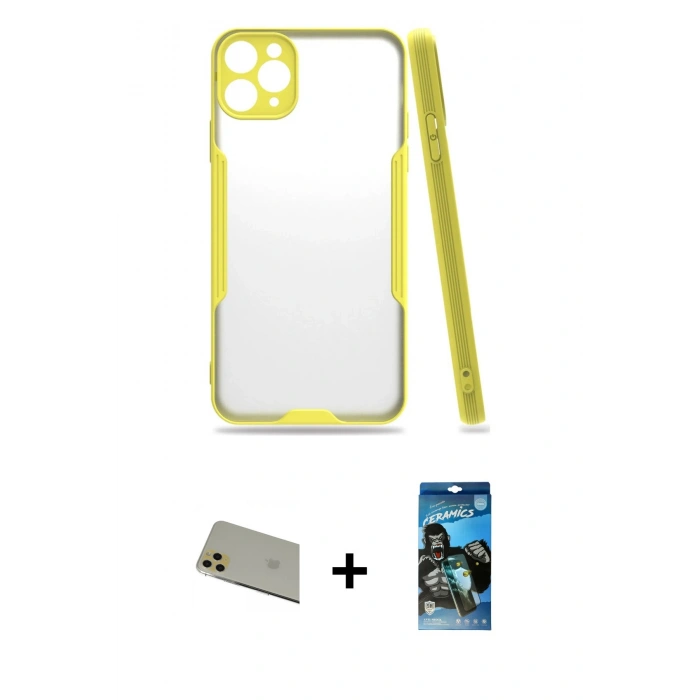 MARSİLYAN™- iPhone 11 Pro Max Kılıf Atlas Asil Serisi - Siyah 34D Izgaralı Cam + Rainbow Kamera Lens Koruma Cam - GD